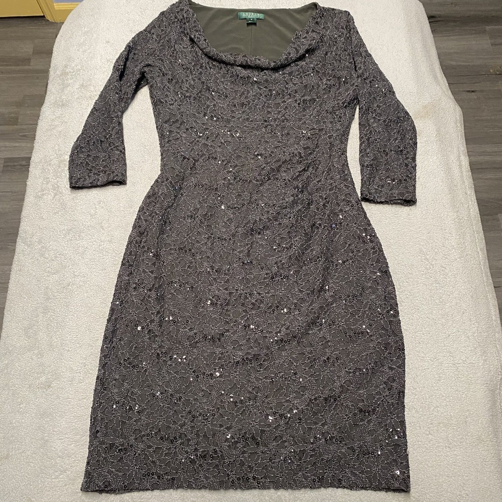 Lauren Ralph Lauren Dress Size 12 Gray Floral Lace Overlay Sequin Formal Evening